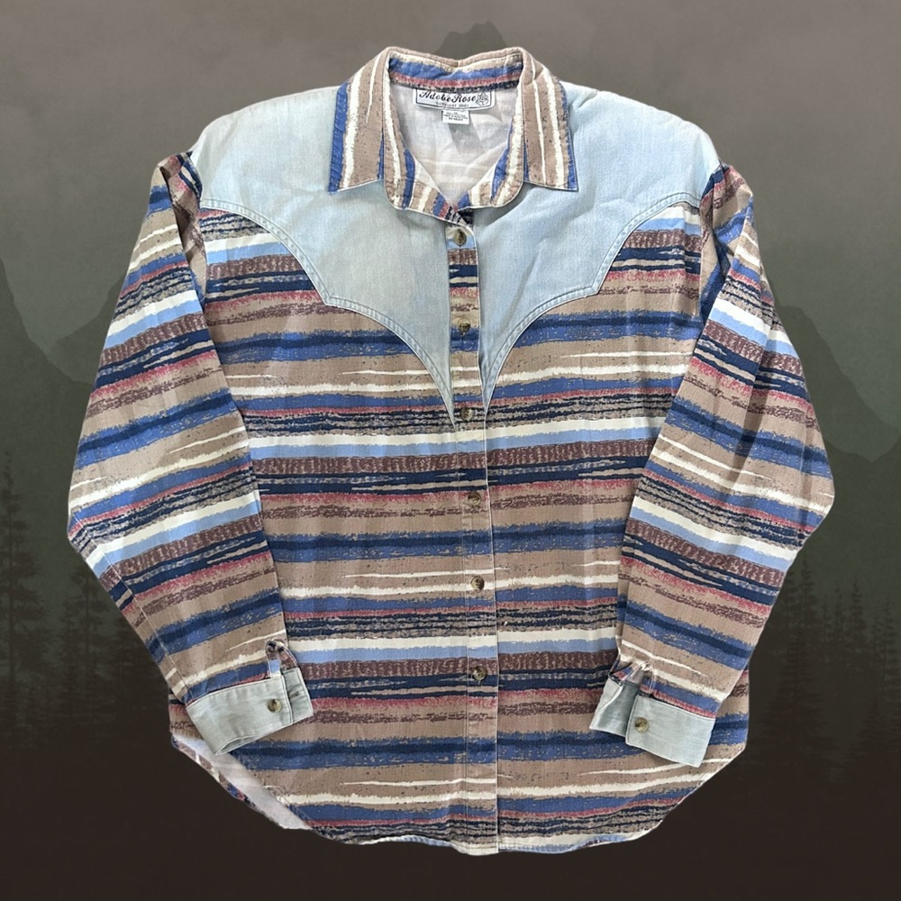 Western Cut Striped Vintage 90’s Retro Cowgirl  “Adobe Rose” Denim Button Down